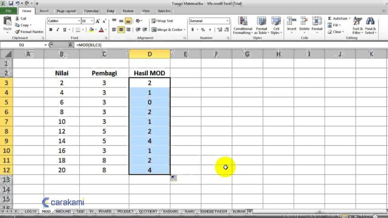 Cara menggunakan fungsi MOD di Excel untuk mencari sisa bagi