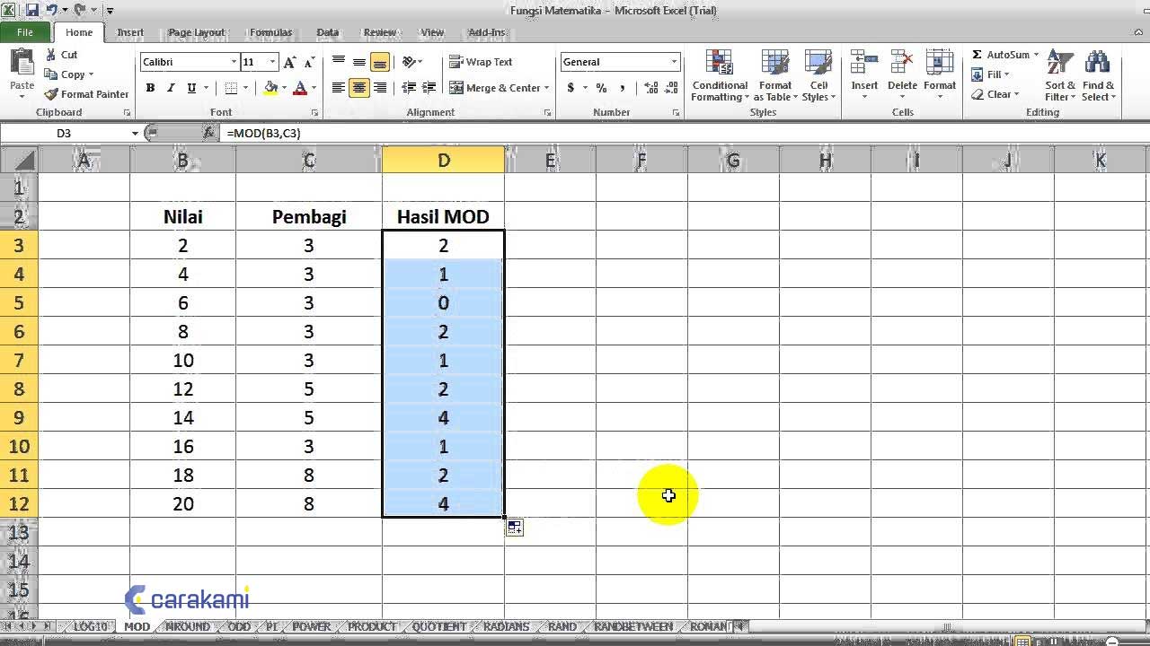 Cara Menggunakan Fungsi MOD() Di Microsoft Excel
