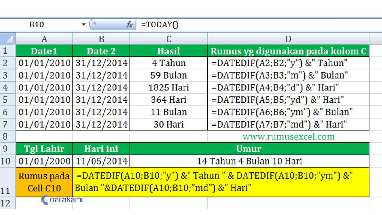 cara menghitung usia seseorang dengan fungsi DATEDIF() di Excel