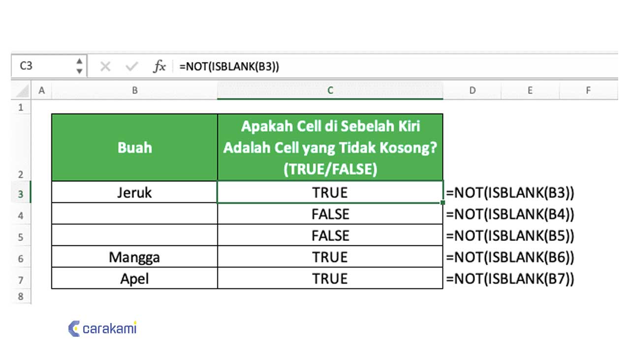 Cara Menggunakan Fungsi NOT() Di Microsoft Excel