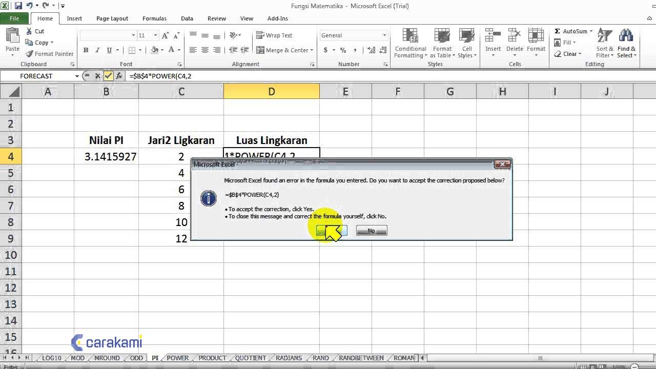 cara menggunakan Fungsi PI() di Microsoft Excel