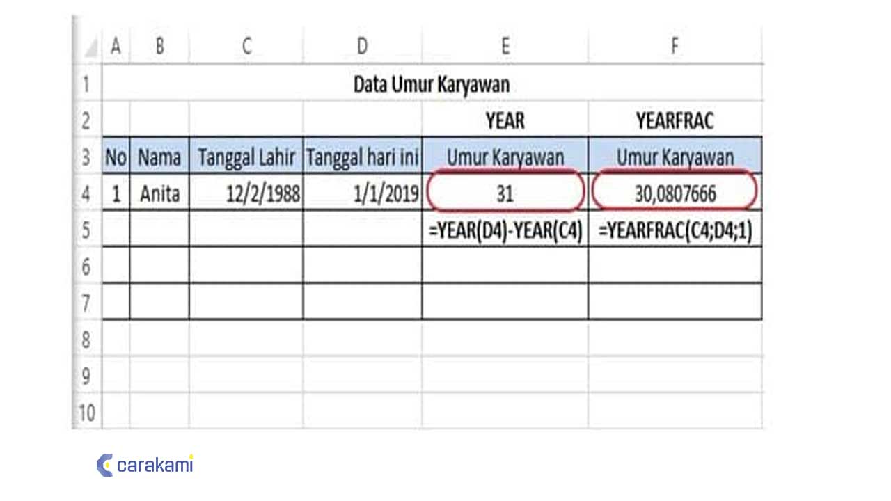 Cara Menghitung Usia Seseorang Dengan Fungsi YEARFRAC() Di Excel
